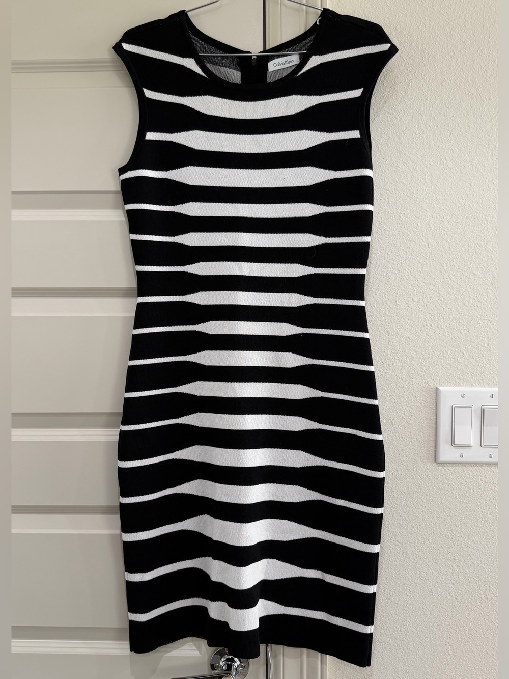 Calvin Klein Black and White Striped Sleeveless Knit Sheath Dress
